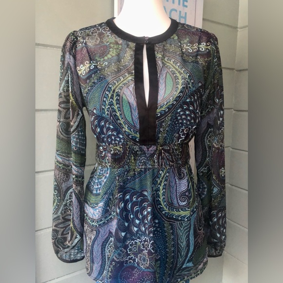 Colorful sheer long sleeve blouse plunging keyhole detail & smock waist w/ tie. - Picture 2 of 12